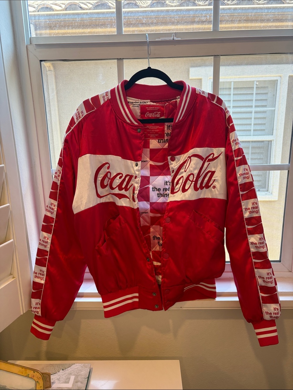 The Laundry Room Red and White Coca Cola Satin Bomber Jacket